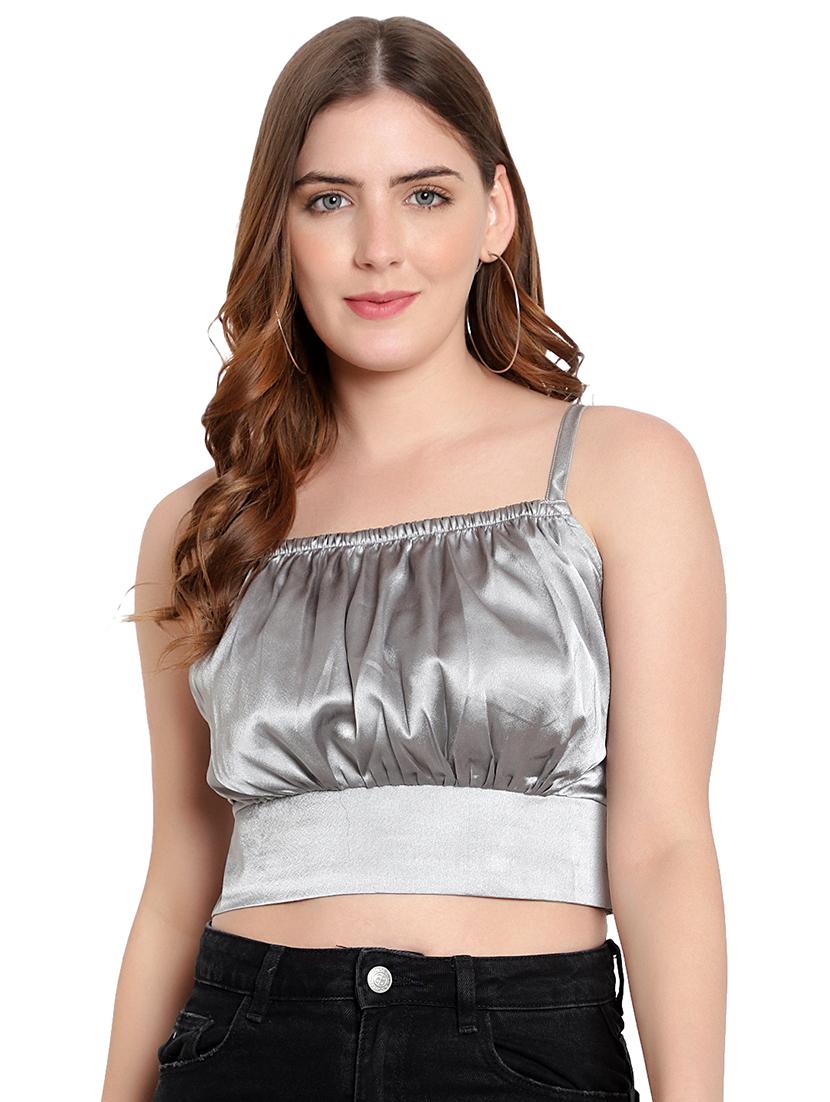 women solid smocked detailed crop top