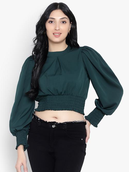 bottle green crepe crop top - 20551028 - Standard Image - 0