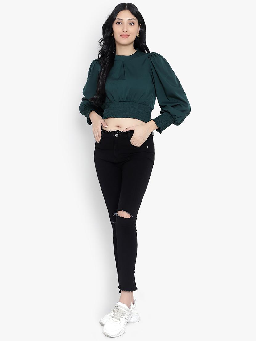 bottle green crepe crop top - 20551028 - Standard Image - 3
