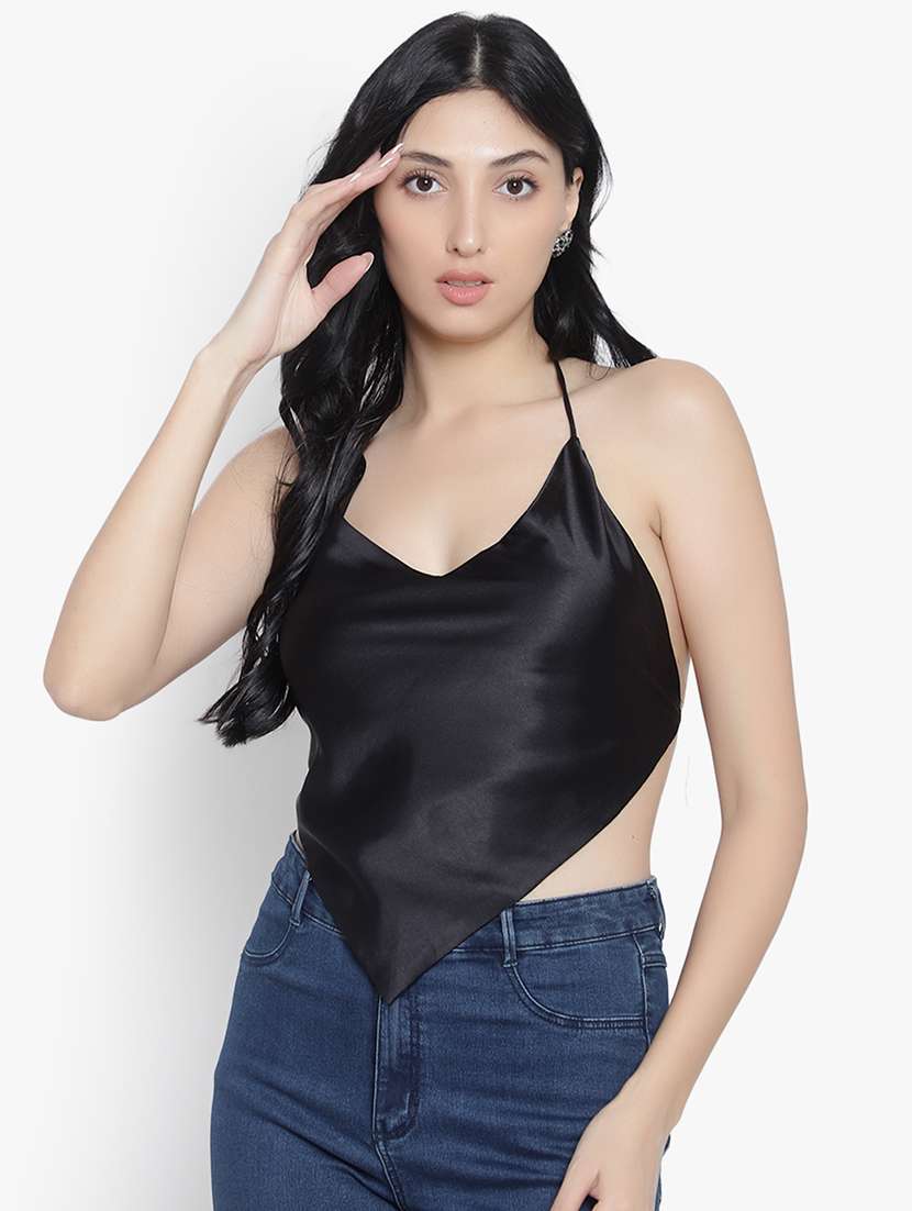 women solid halter nack backless top - 20551042 - Zoom Image - 0