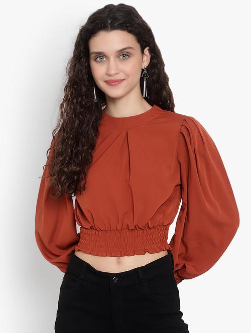 women solid puff sleeves crop top - 20551118 - Standard Image - 0