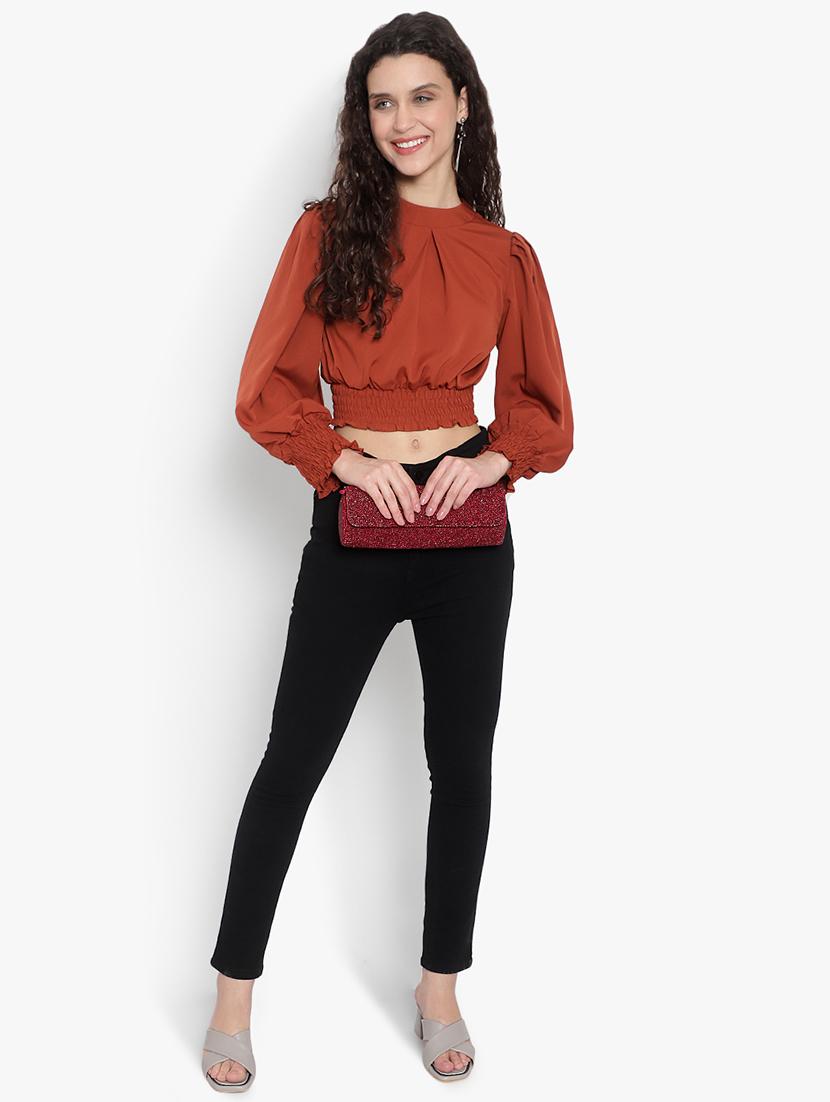 women solid puff sleeves crop top - 20551118 - Standard Image - 3