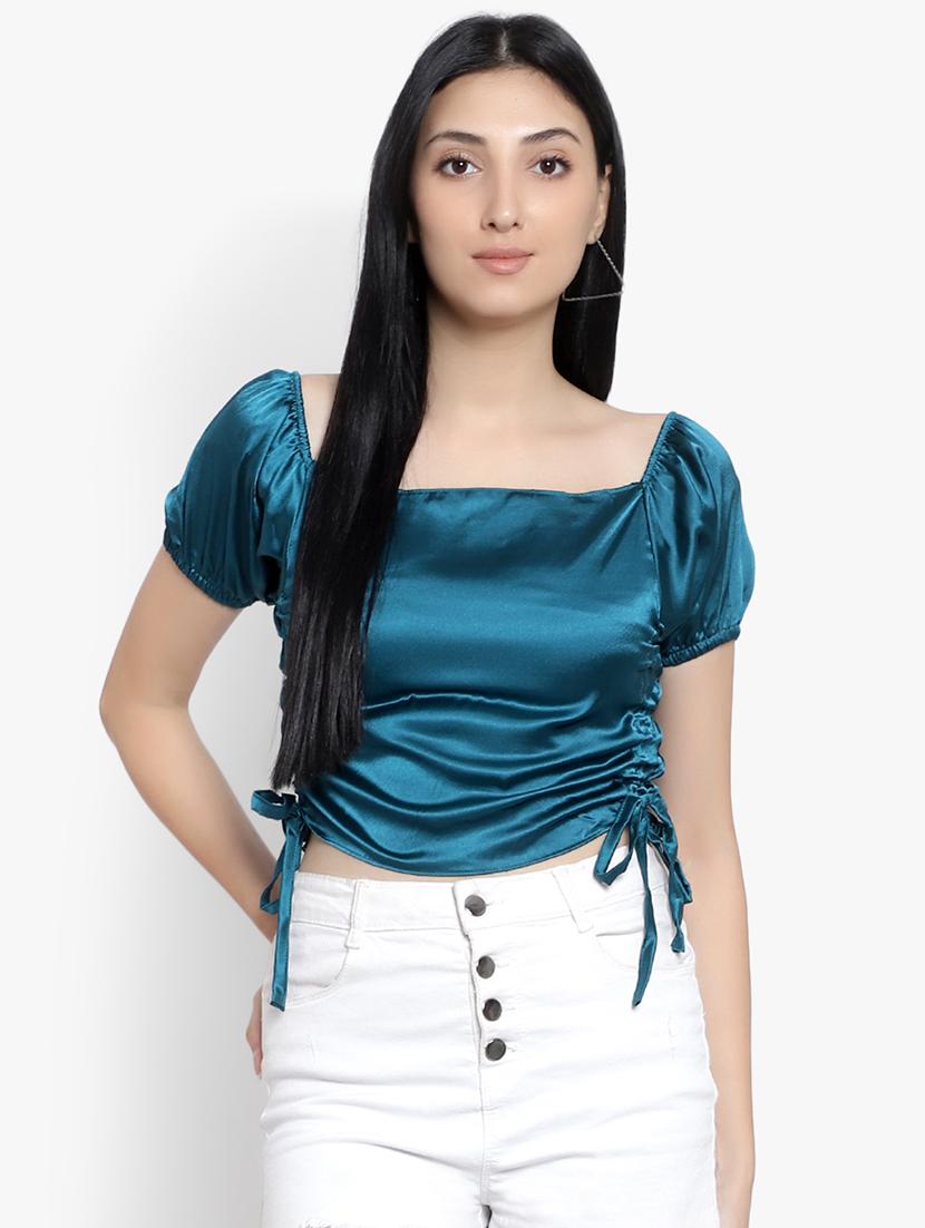 women solid smocked detailed crop top - 20551366 -  Zoom Image - 0
