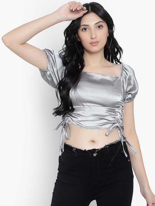 women solid smocked detailed crop top - 20551384 - Standard Image - 0