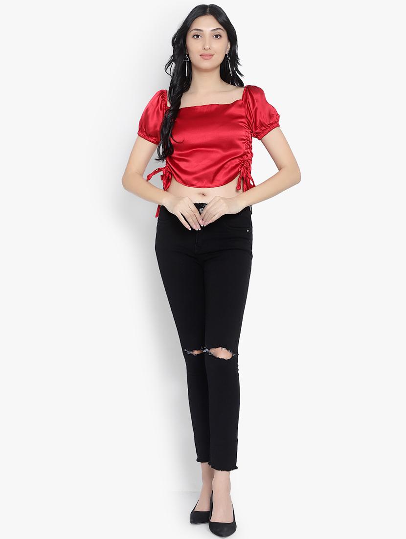 women solid smocked detailed crop top - 20551402 - Standard Image - 3