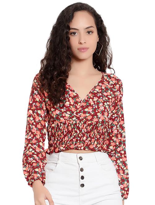 maroon crepe crop top - 20551442 - Standard Image - 0