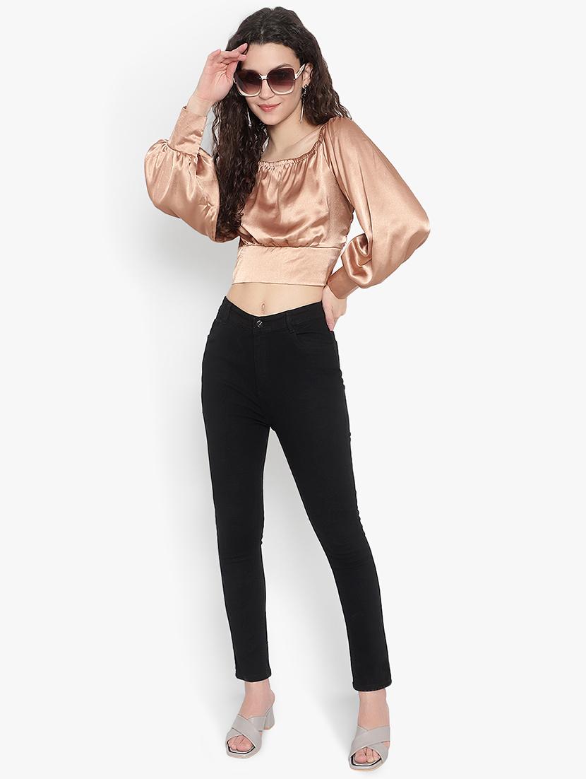 women solid smocked detailed crop top - 20551449 - Standard Image - 3