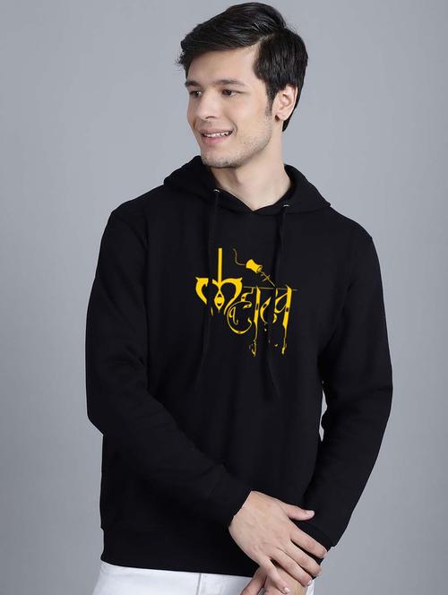 men typography printed black fleece hooded sweatshirt - 20551472 - Standard Image - 0
