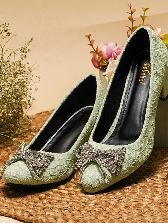 women green embellished slip on pumps - 20551539 -  Zoom Image - 0