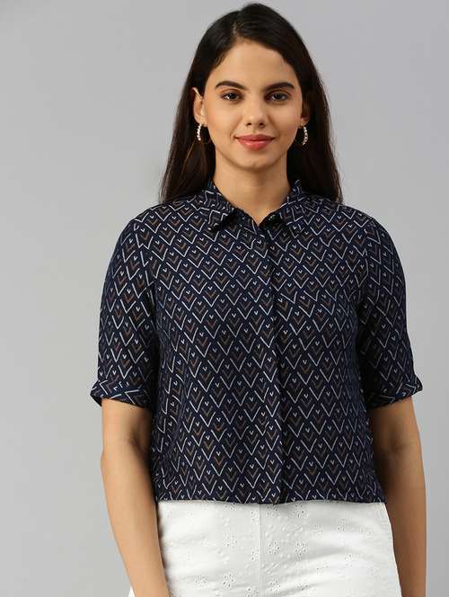 women printed collared short sleeve crop shirt - 20551777 - Standard Image - 0