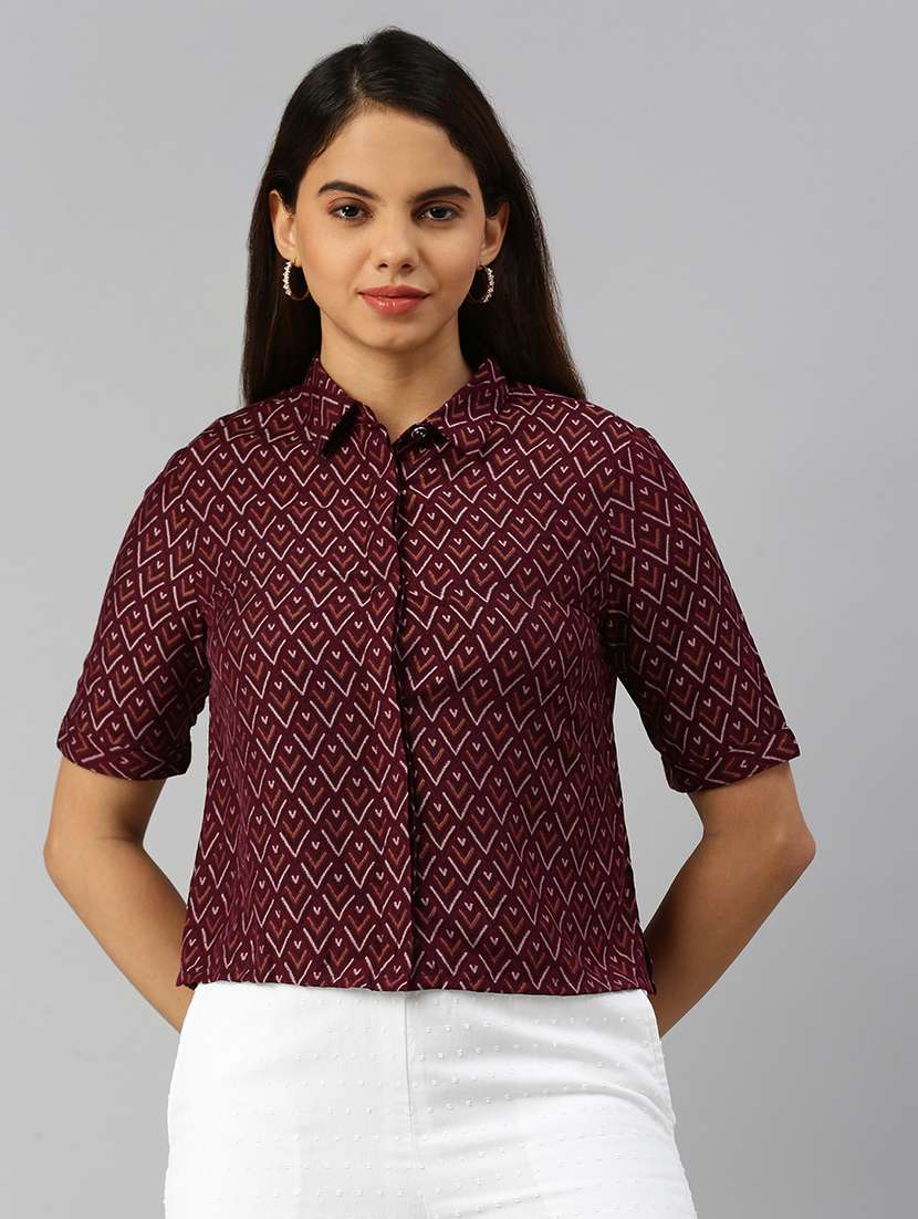 women printed collared short sleeve crop shirt - 20551778 - Zoom Image - 0