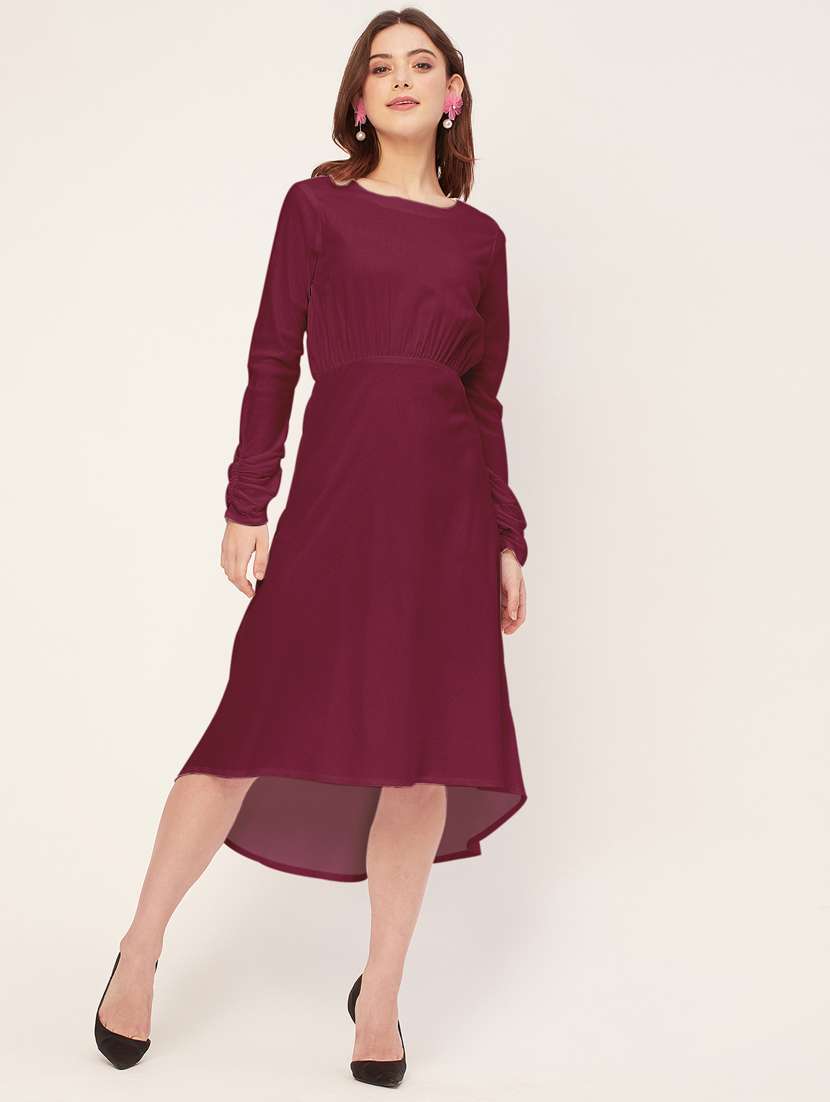 women solid long sleeves high-low dress