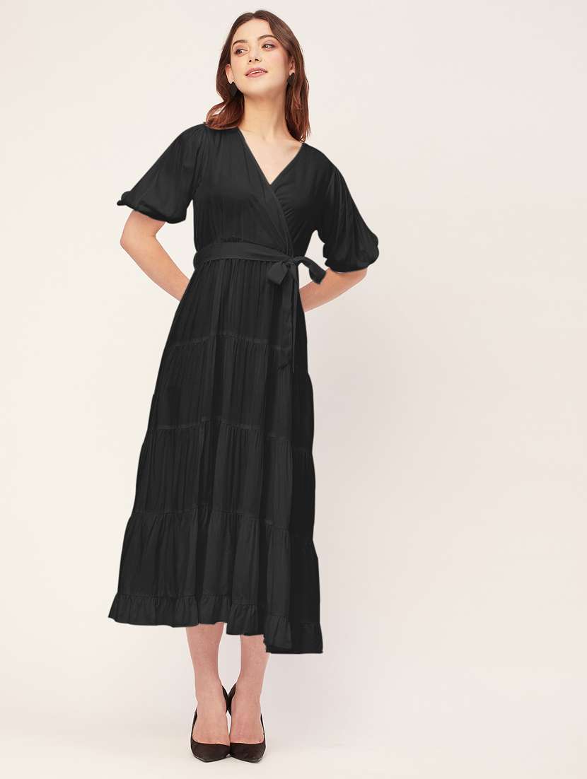 women solid overlap neck tiered dress 