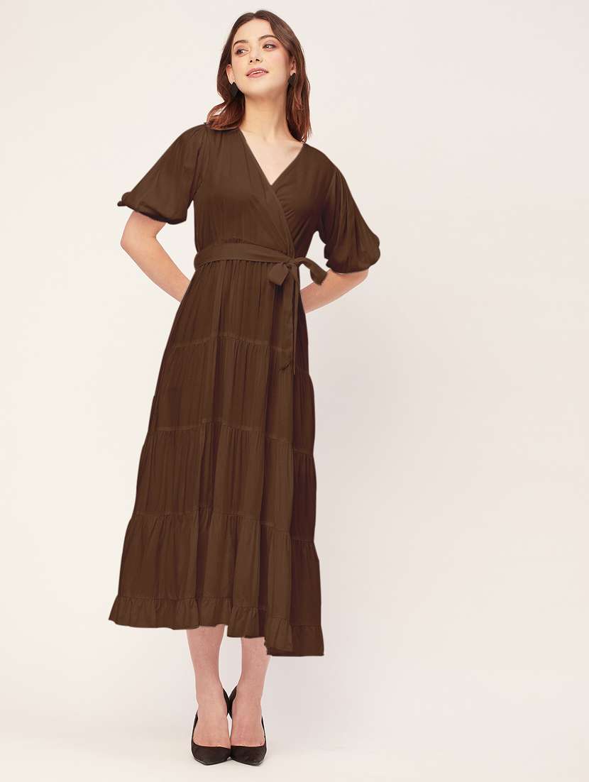 women solid overlap neck tiered dress - 20555383 - Zoom Image - 0