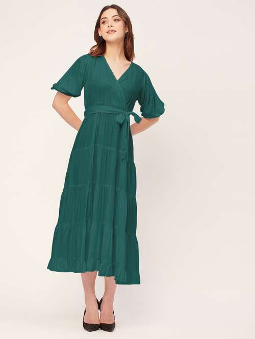 women solid overlap neck tiered dress 