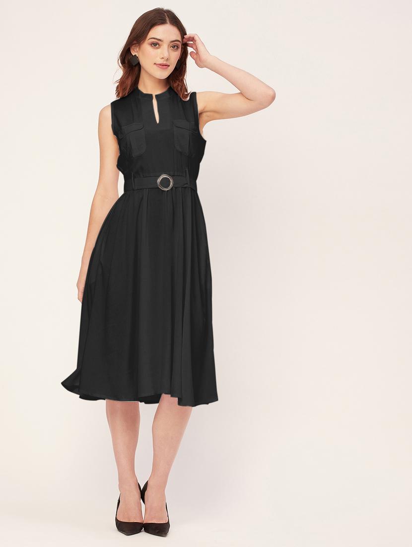 women solid mandarin neck belted dress  - 20555415 -  Zoom Image - 0