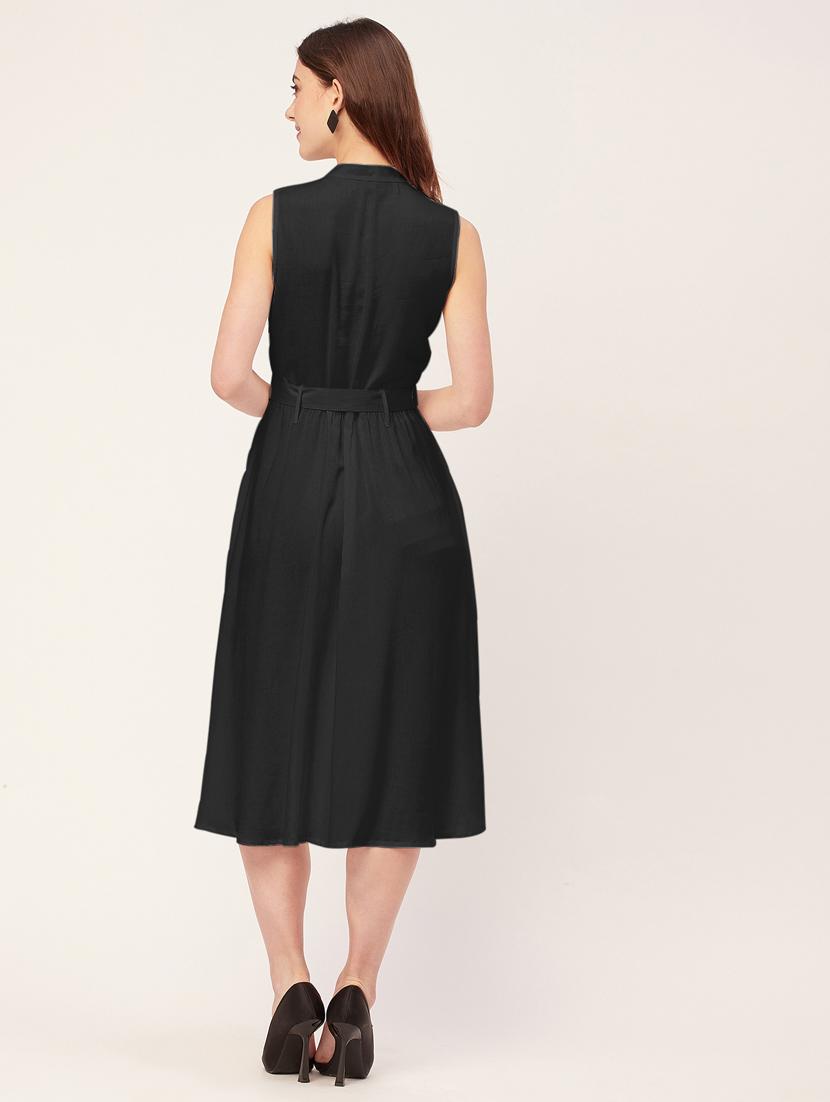 women solid mandarin neck belted dress - 20555415 - Standard Image - 3