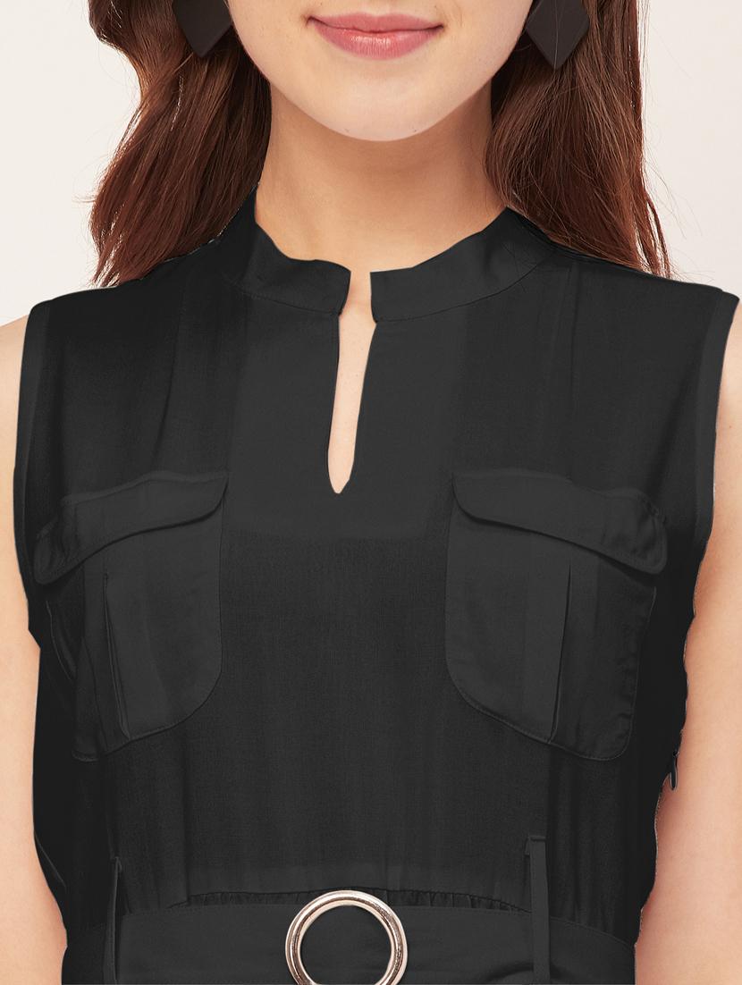 women solid mandarin neck belted dress - 20555415 - Standard Image - 5