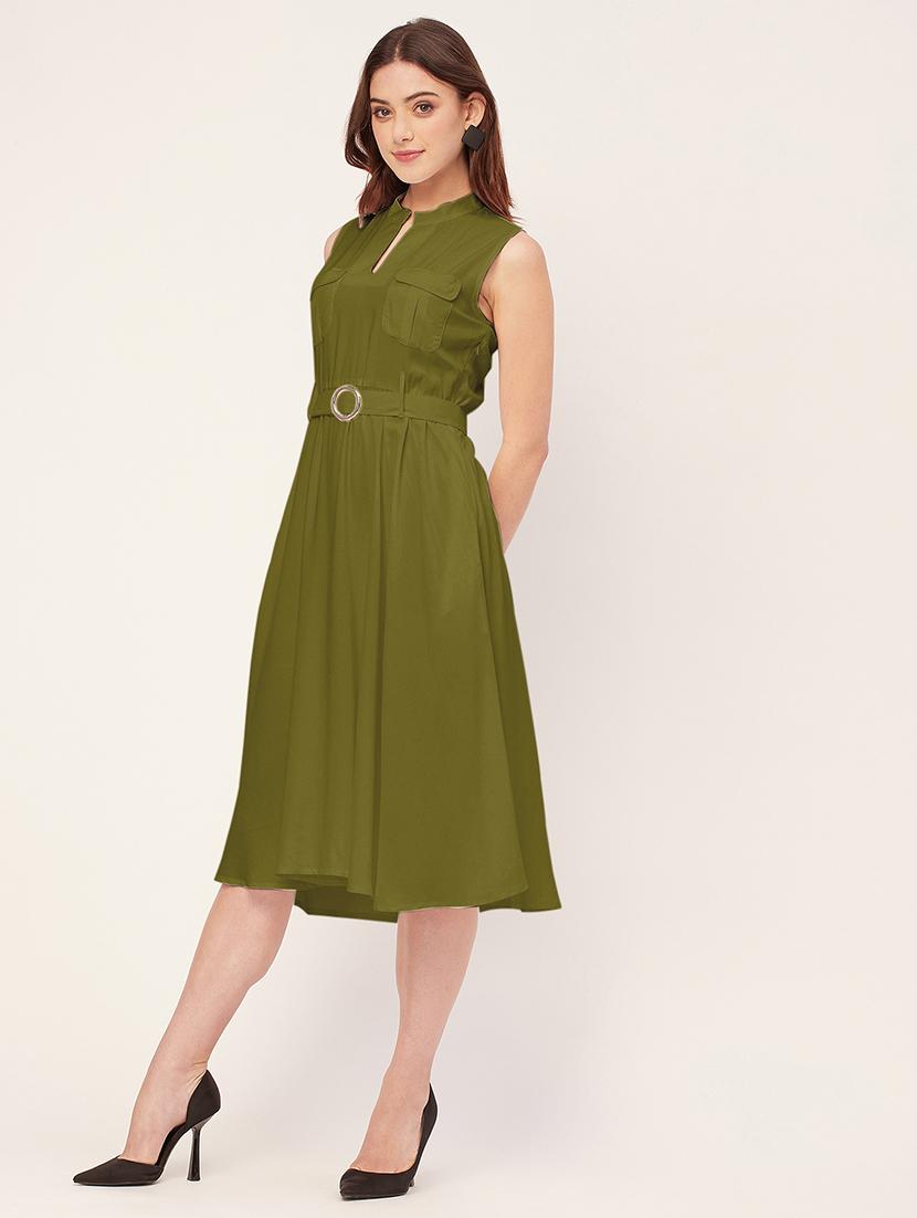 women solid mandarin neck belted dress - 20555417 - Standard Image - 3