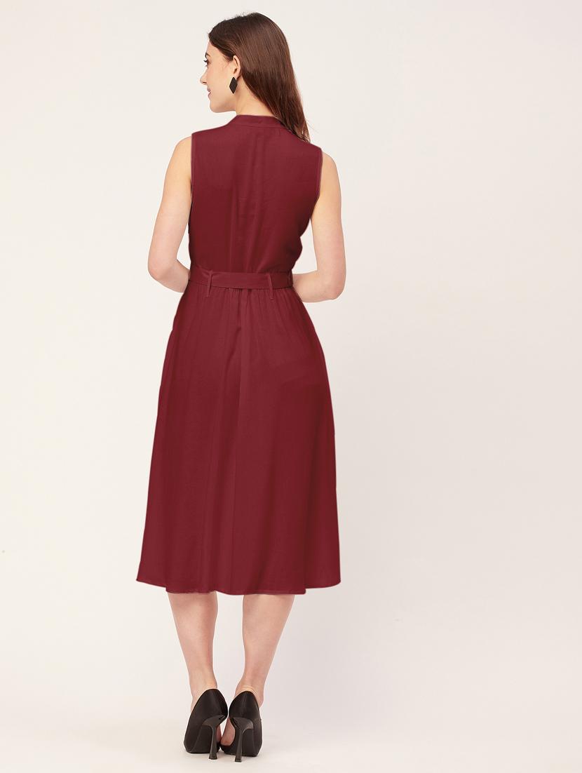 women solid mandarin neck belted dress - 20555418 - Standard Image - 3