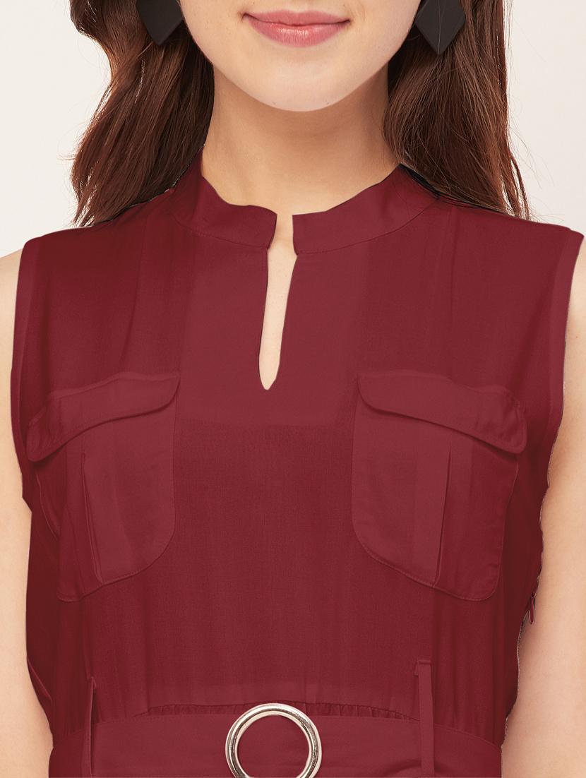 women solid mandarin neck belted dress - 20555418 - Standard Image - 5