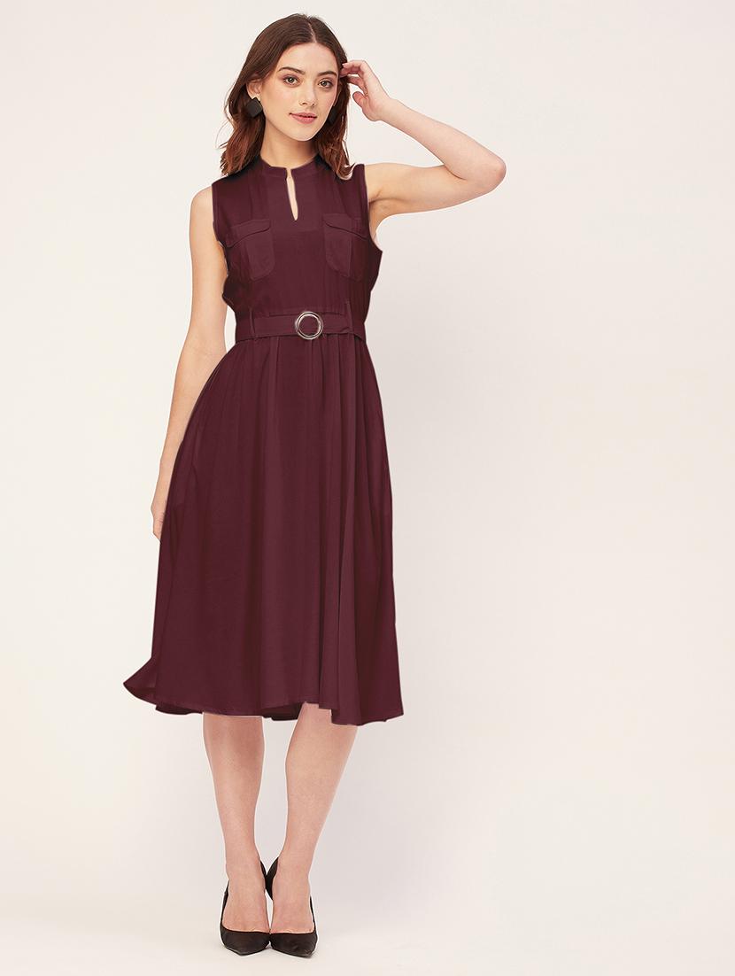 women solid mandarin neck belted dress - 20555419 - Zoom Image - 0