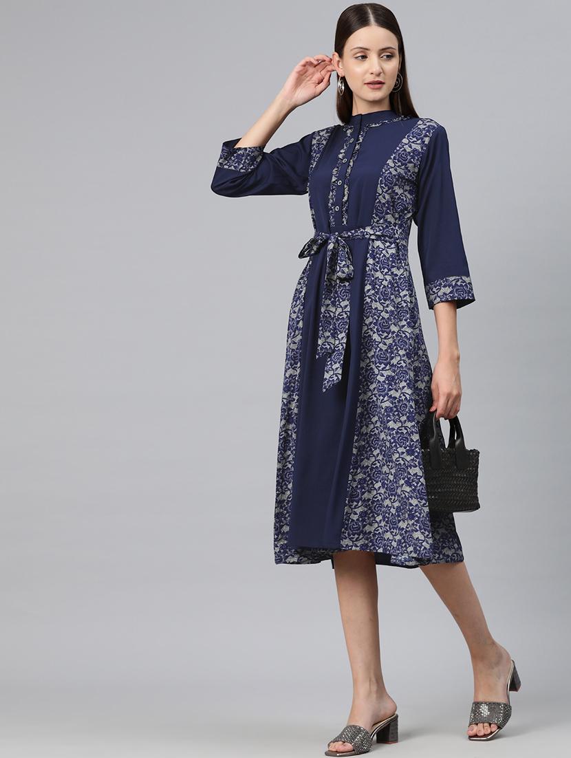 blue poly crepe aline dress - 20556366 - Standard Image - 3