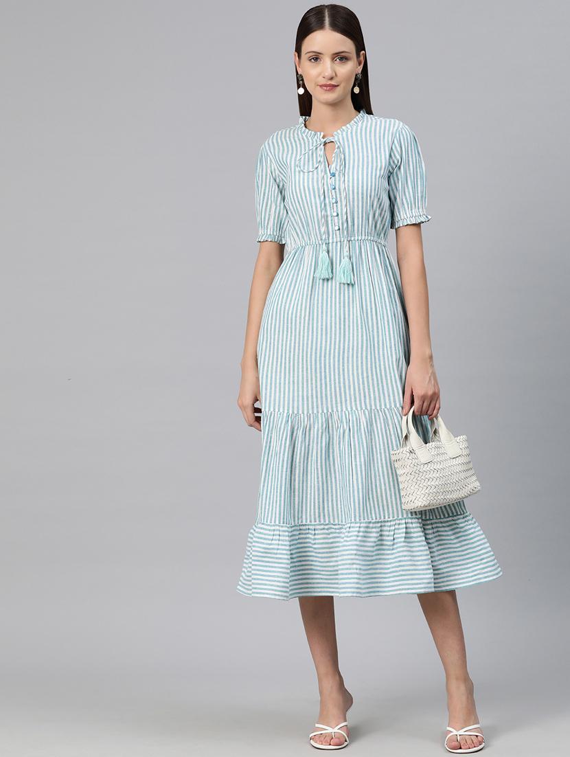 women striped puff sleeves tiered dress - 20556370 - Zoom Image - 0