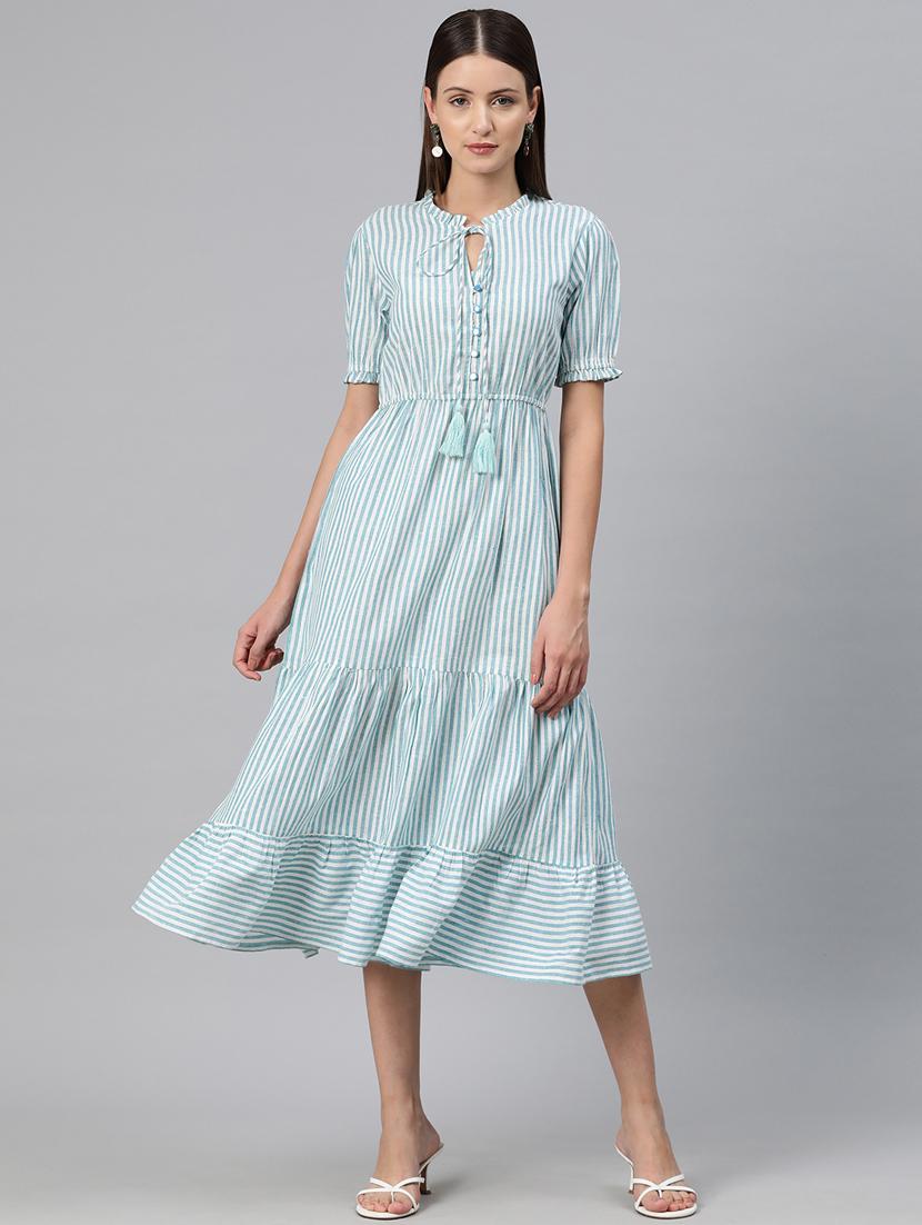 women striped puff sleeves tiered dress - 20556370 - Standard Image - 3