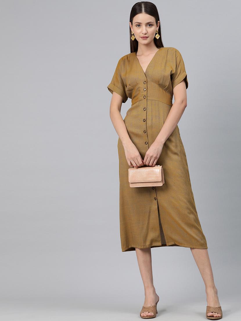 women brown solid v neck a-line dress - 20556376 -  Zoom Image - 0