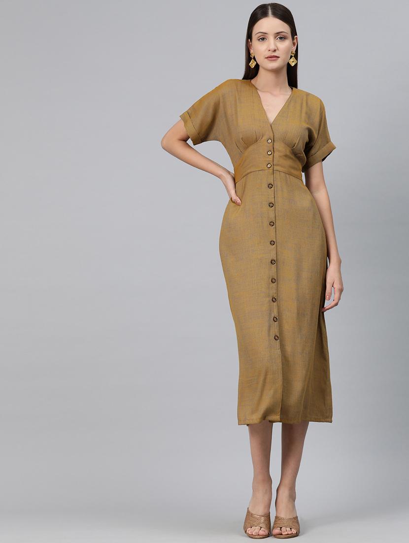 women brown solid v neck a-line dress - 20556376 - Standard Image - 3