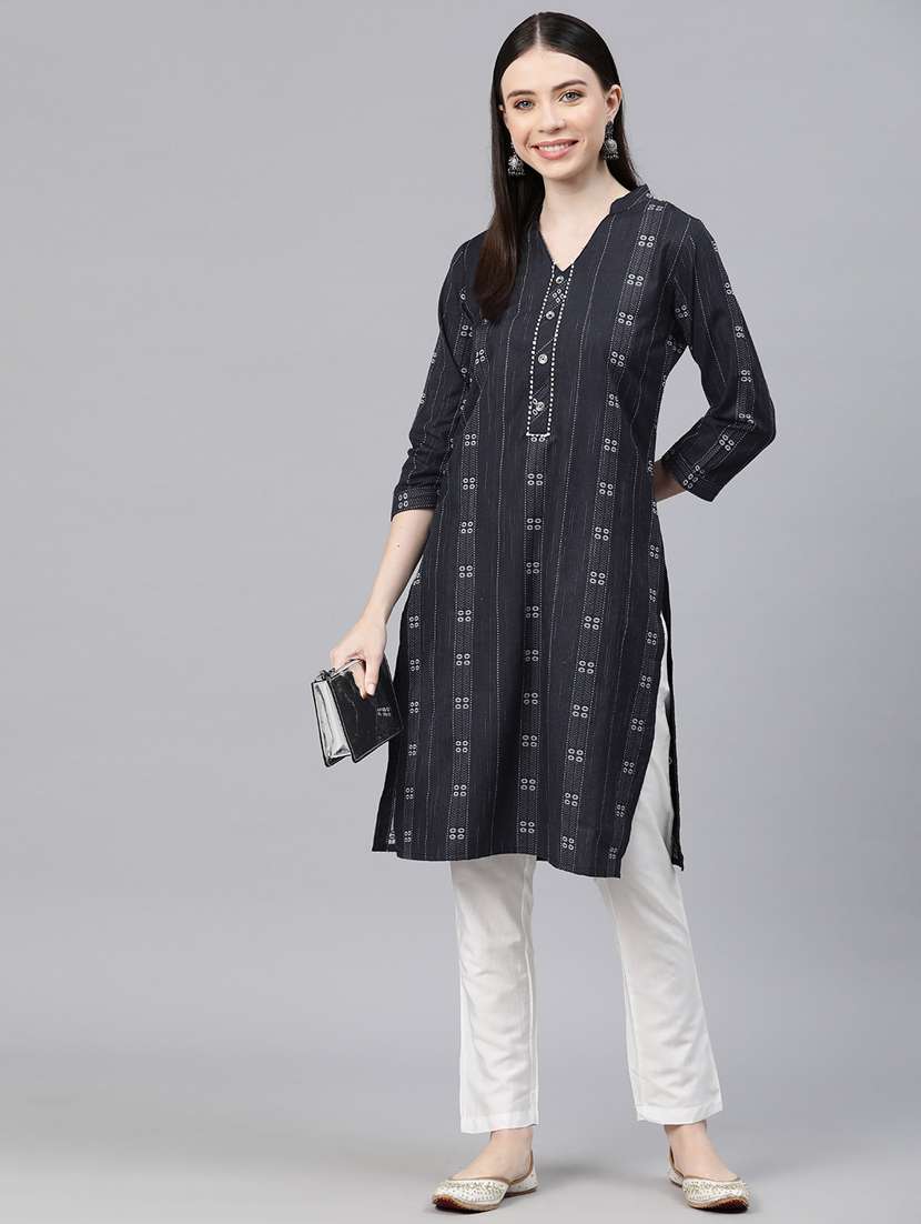 women navy blue self design straight kurta