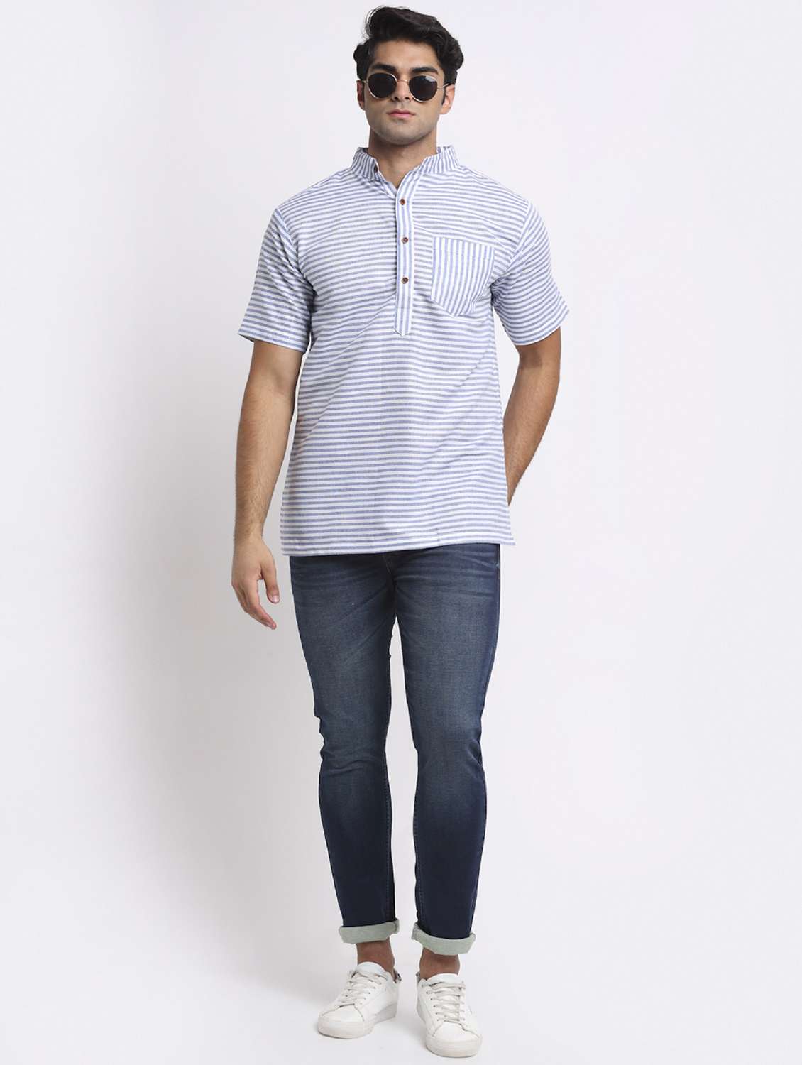men blue & white striped short kurta - 20560877 - Standard Image - 3