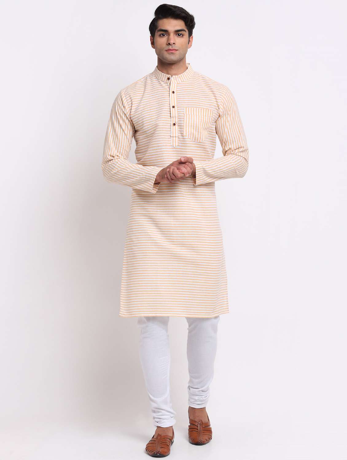 men yellow & white striped long kurta