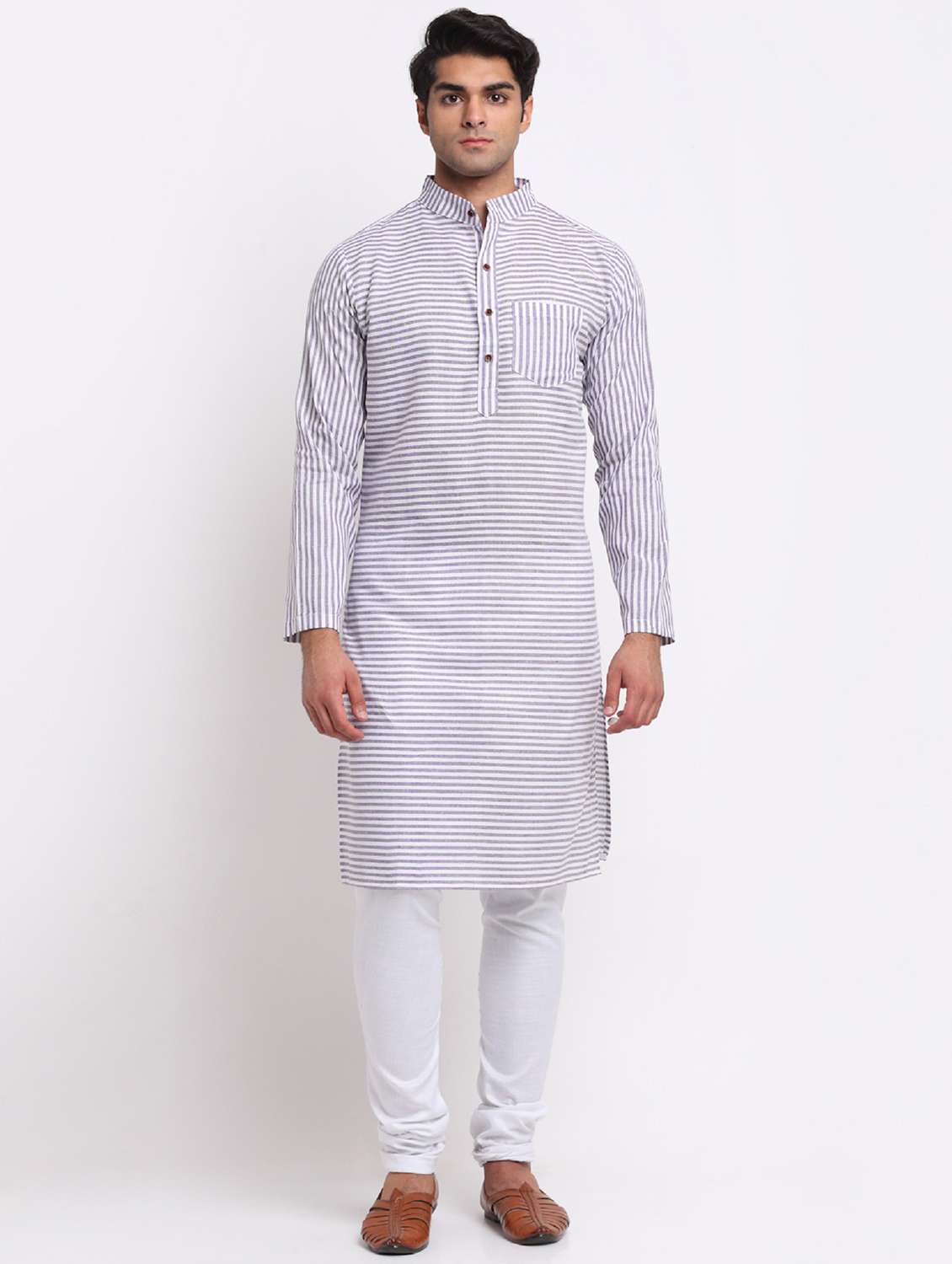 men purple & white striped long kurta