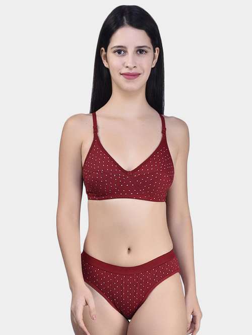 maroon cotton blend bras and panty set - 20560907 -  Standard Image - 0