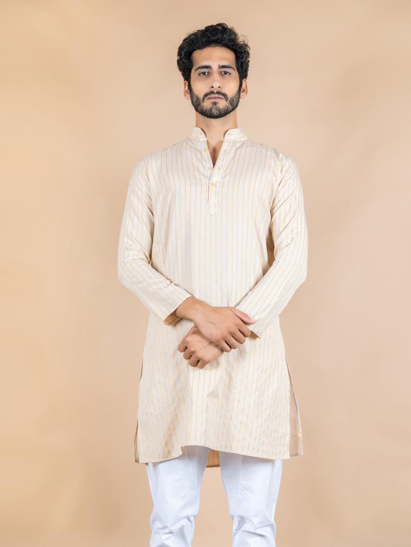 men beige striped long kurta - 20561997 - Zoom Image - 0