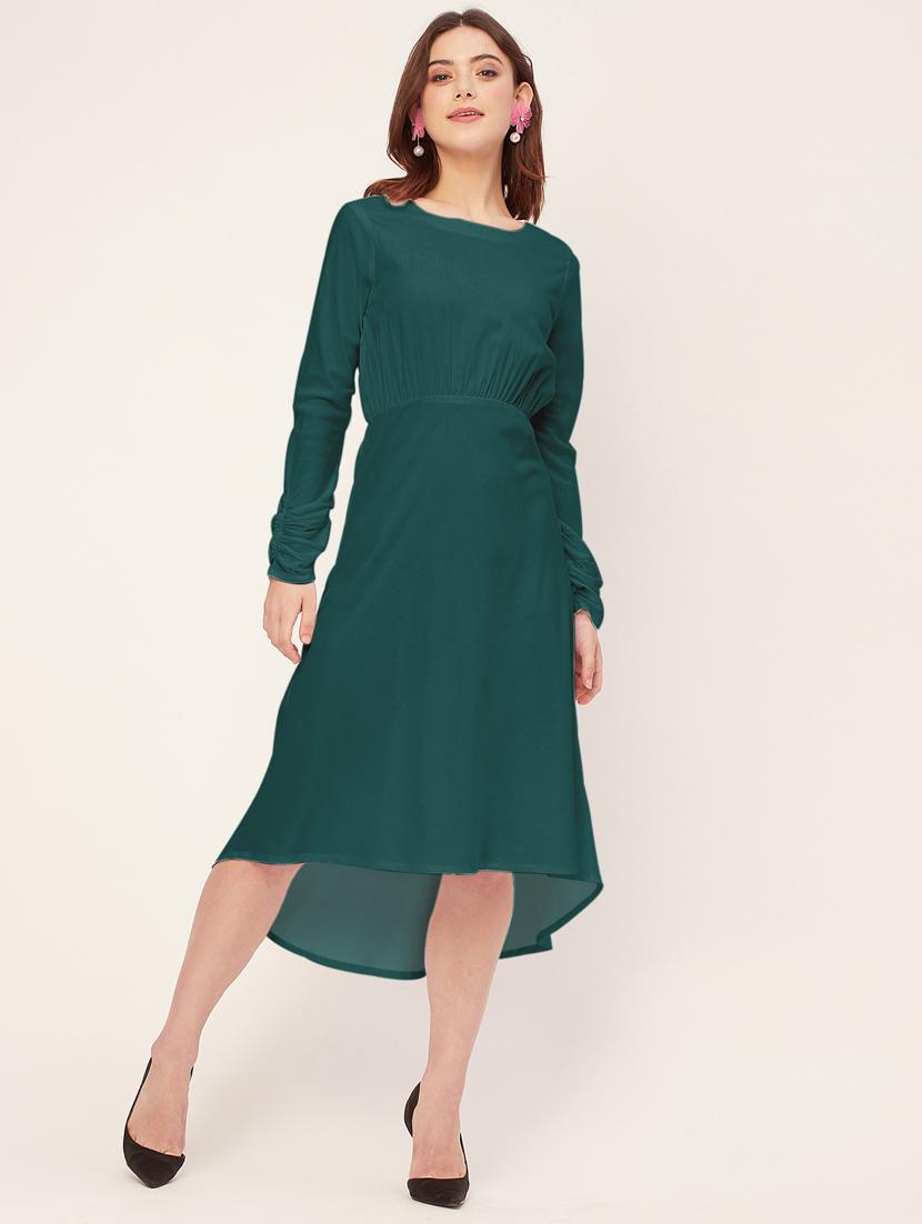 women solid detailed sleeves high low dress - 20563043 -  Zoom Image - 0