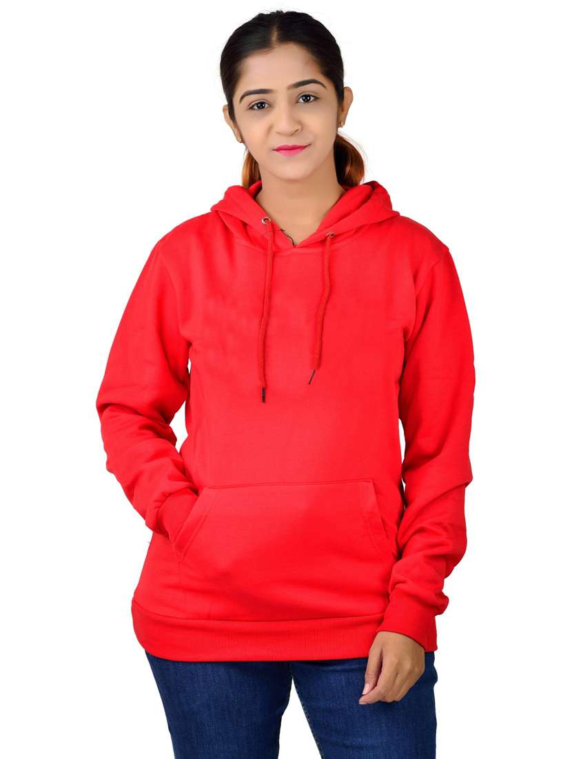women solid red hooded sweatshirt