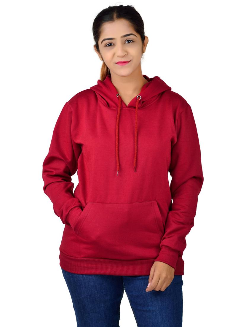 women solid maroon hooded sweatshirt