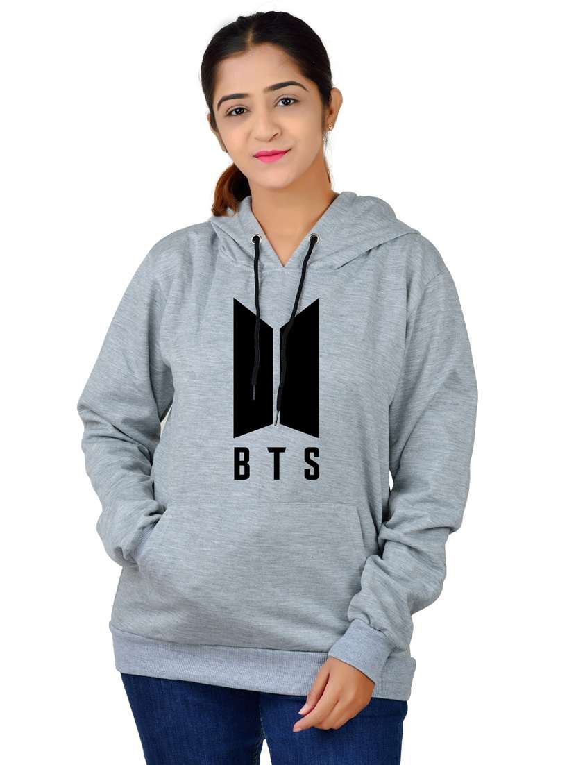 women grey melange graphic hooded sweatshirt