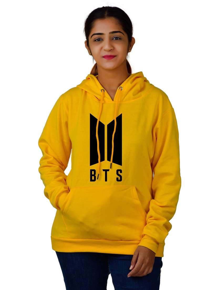women yellow graphic hooded sweatshirt
