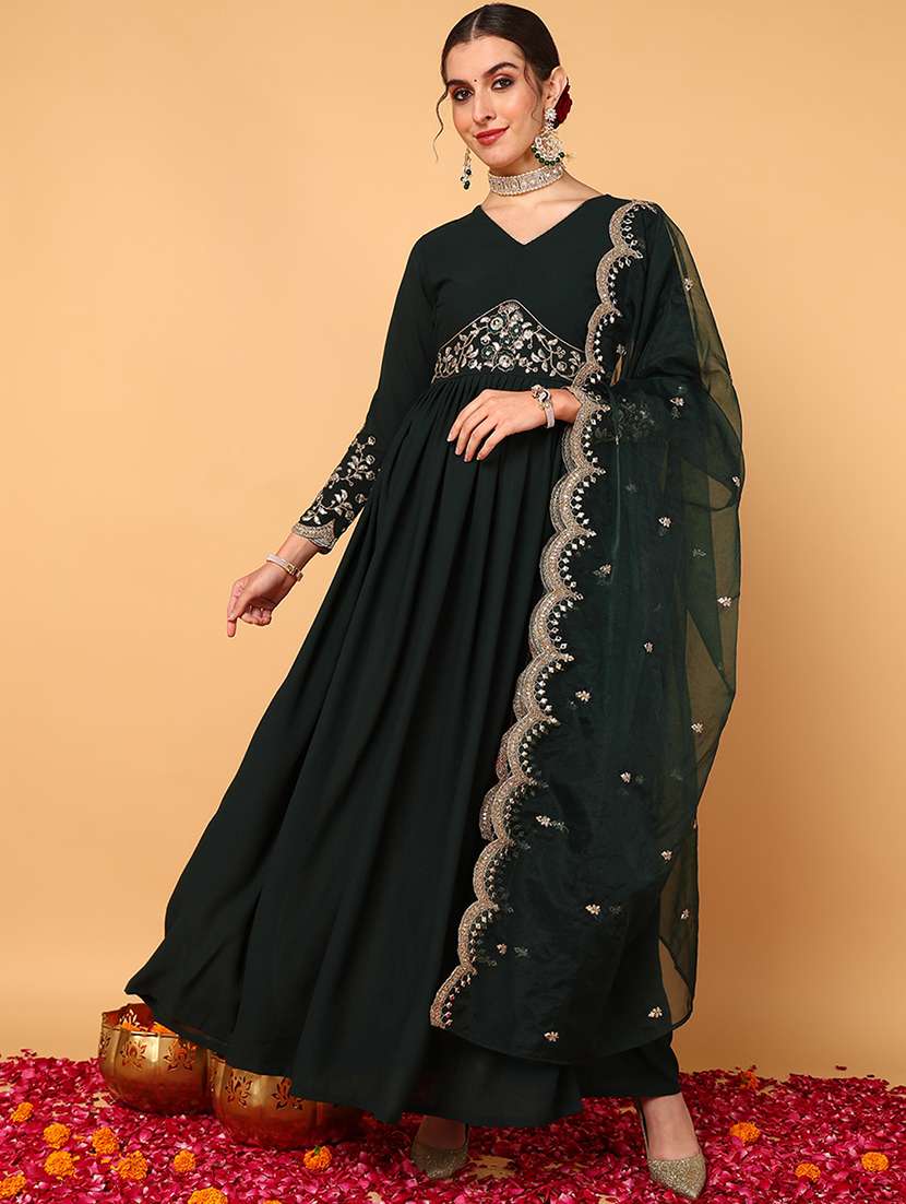 women bottle green v neck kurta dupatta set - 20569266 -  Standard Image - 3