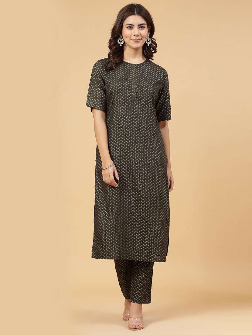 women grey round neck kurta pant set 