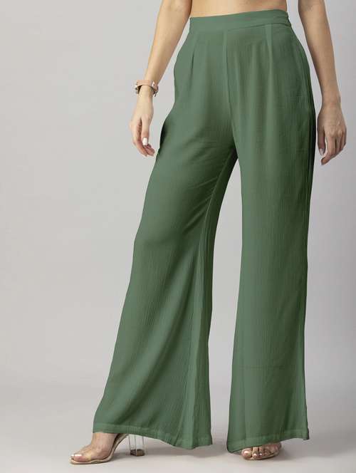 women solid green wide leg trouser - 20570689 - Standard Image - 0
