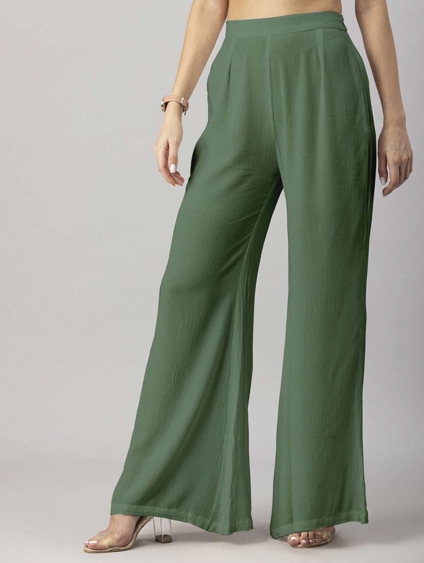 women solid green wide leg trouser - 20570689 - Zoom Image - 0