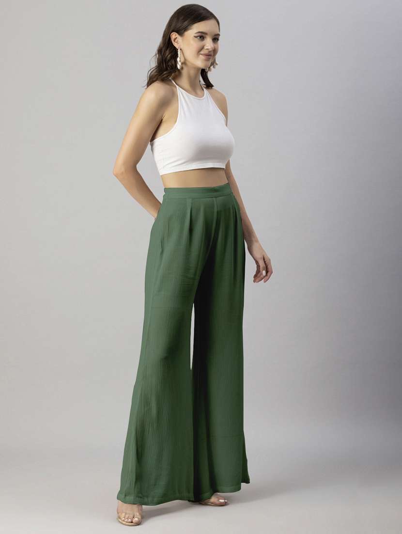 women solid green wide leg trouser - 20570689 - Standard Image - 3