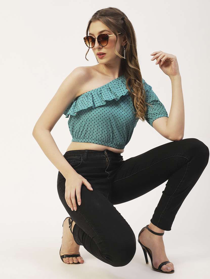 women printed one shoulder ruffle detailed crop top - 20570712 -  Standard Image - 3