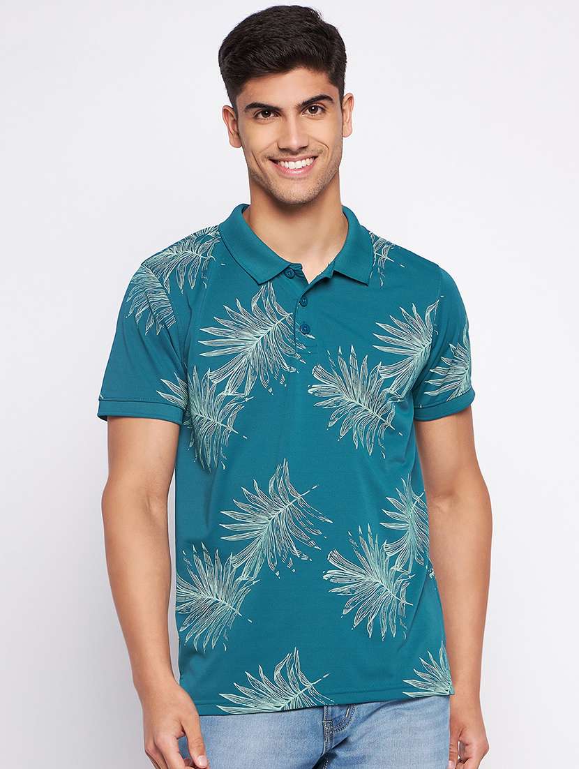 men sea green printed polo t-shirt