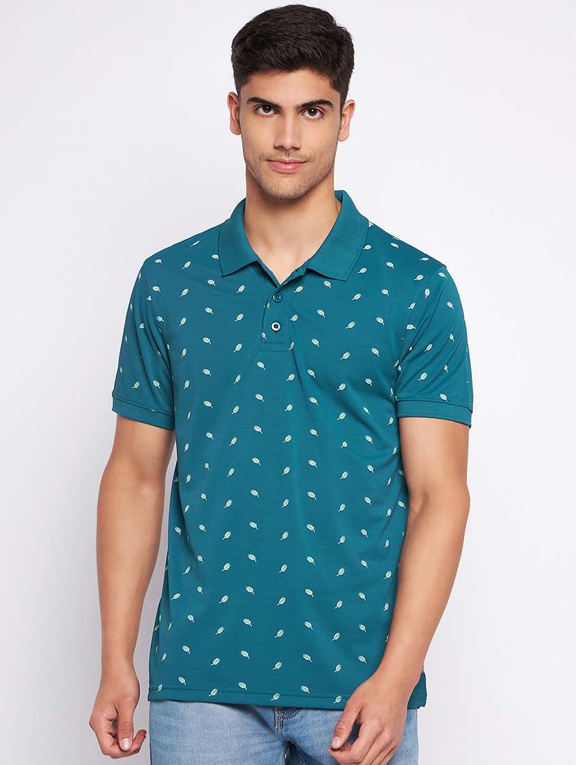 men sea green printed polo t-shirt